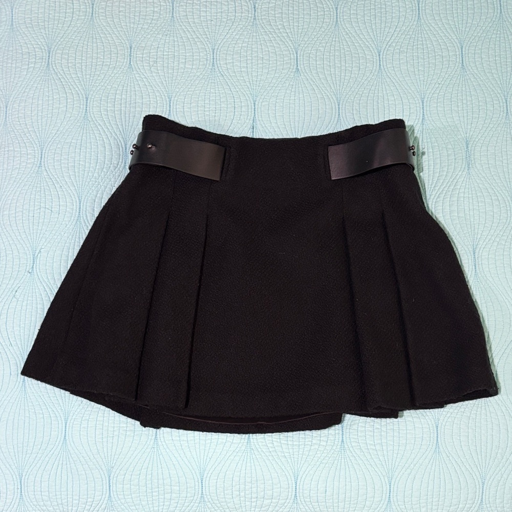 Armani Exchange Flared Pleated Wool Blend Black Skirt with Belt Accents
